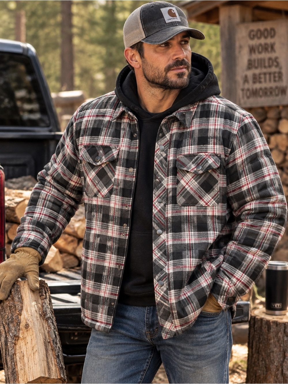 Boston Traders Men's XXL Hooded Flannel Shirt Jacket Plaid Quilted Lined Shacket